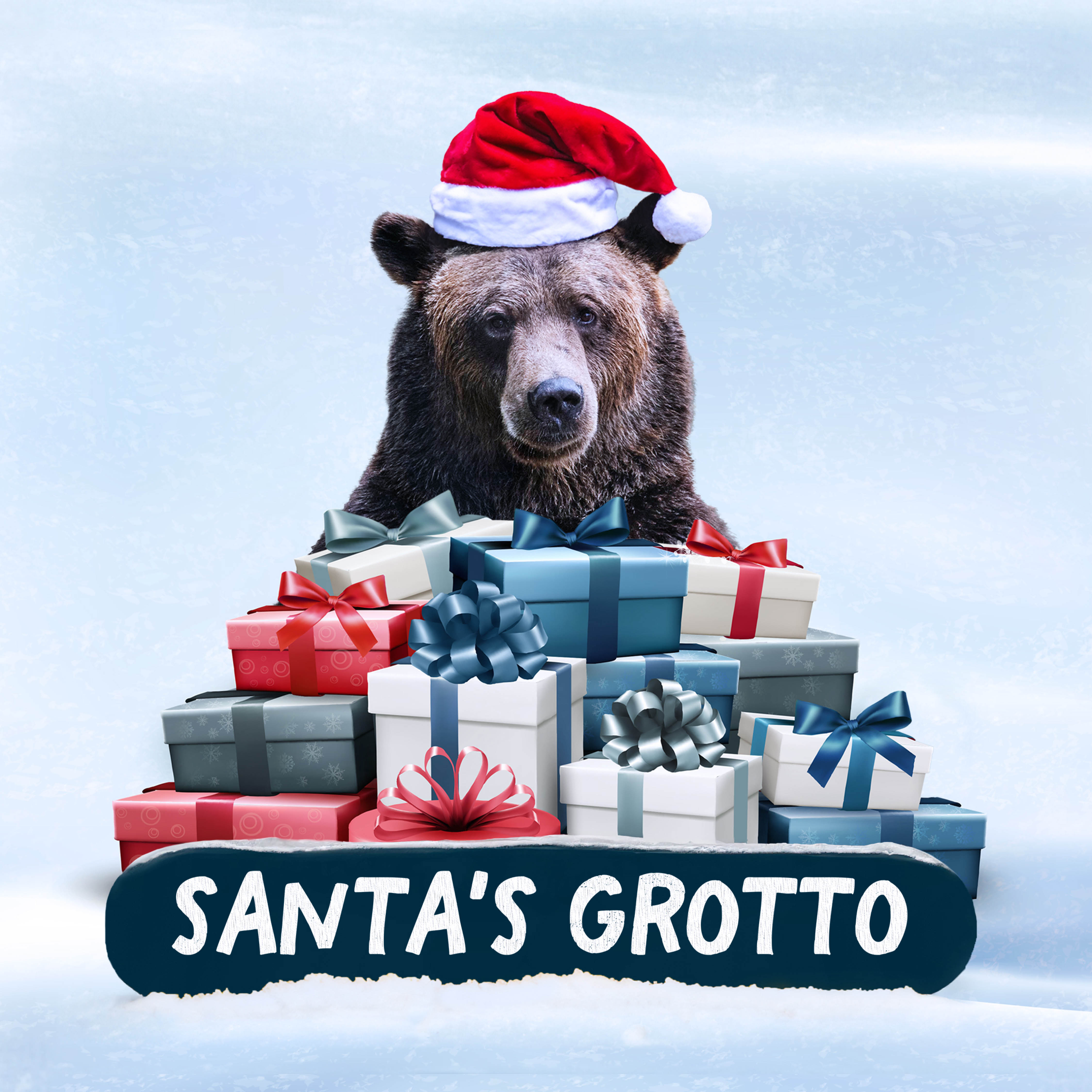Santa's Grotto - festive bear overlooking presents on snowy background